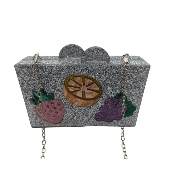 BARI LYNN Fruit Box Clutch Bag Chain Strap Acrylic Hard Sided Glitter - Picture 9 of 12